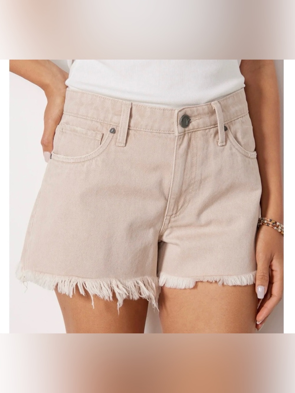 Kut from the Kloth Jane High Rise Frayed Hem Tan Denim Shorts, size 10